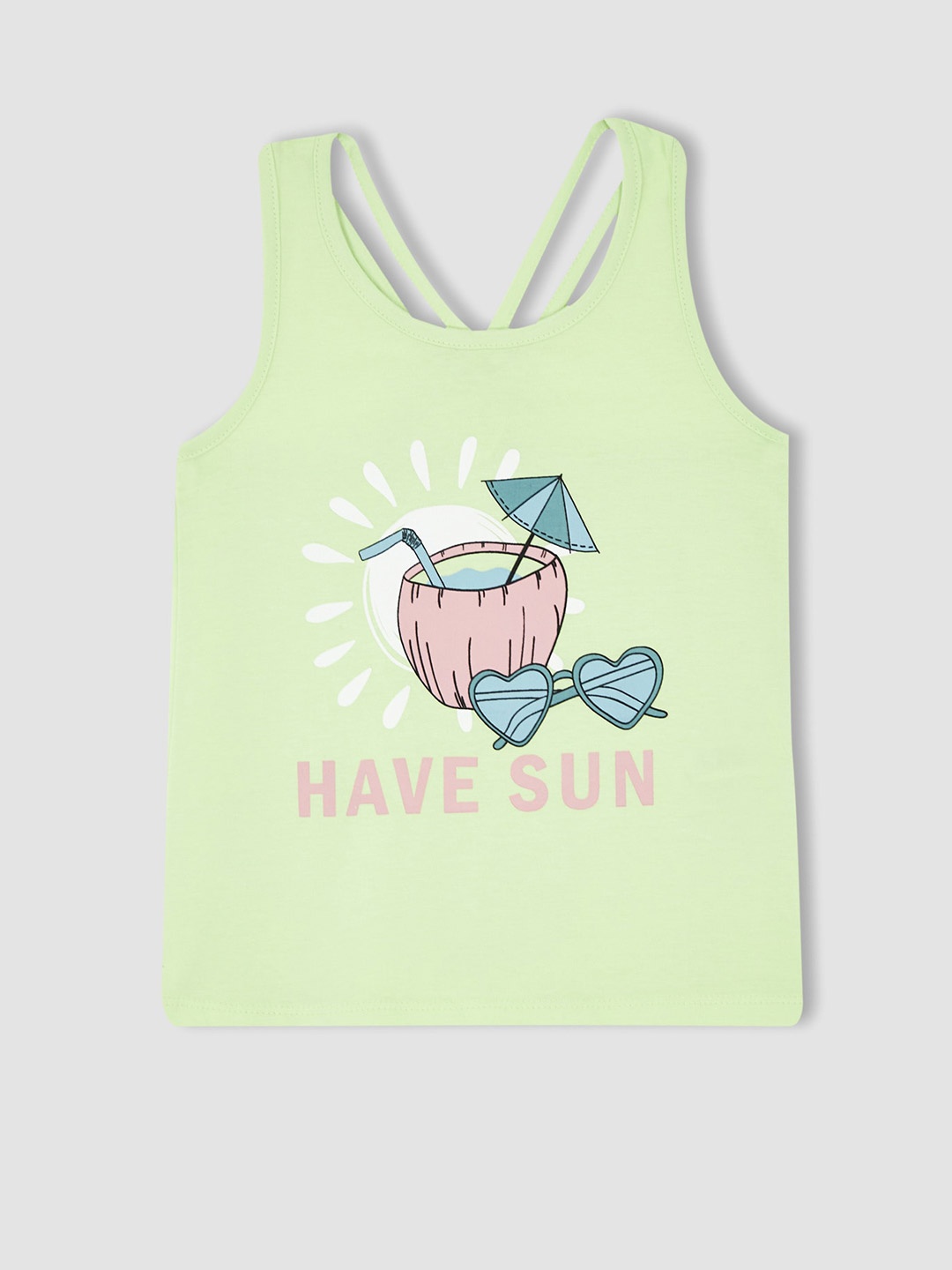 

DeFacto Girls Printed Sleeveless Pure Cotton Tank Top, Lime green