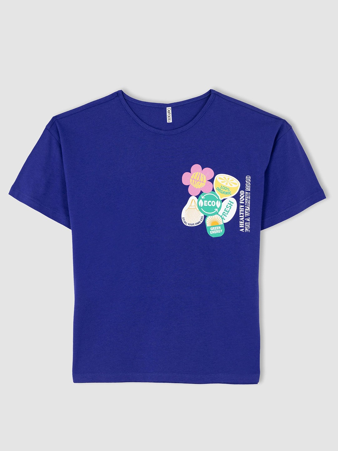 

DeFacto Girls Round Neck Drop Shoulder Sleeves Pure Cotton Top, Blue