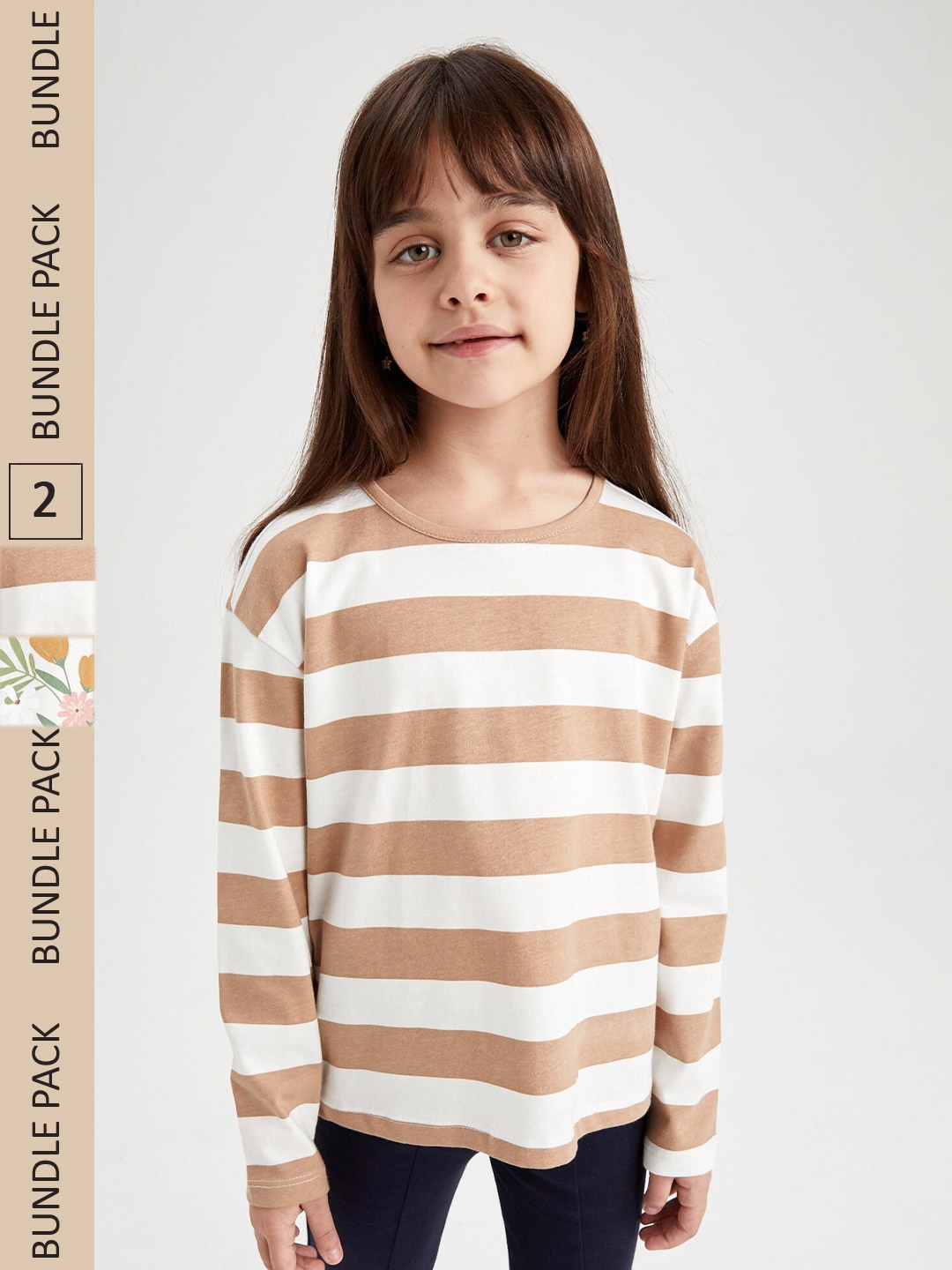 

DeFacto Pack of 2 Girls Printed Drop Shoulder Sleeves Pure Cotton Top, Beige