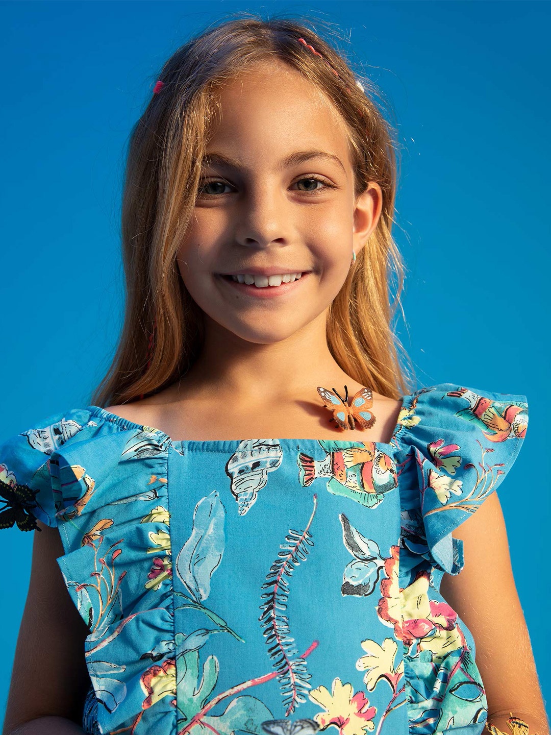 

DeFacto Girls Floral Printed Pure Cotton Top, Blue