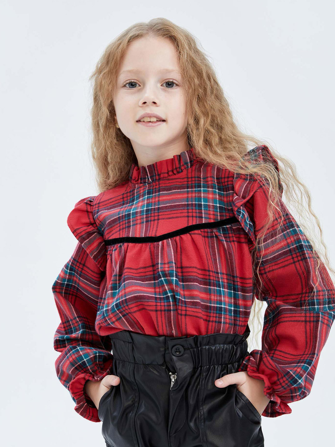 

DeFacto Girls Checked High Neck Pure Cotton Top, Red