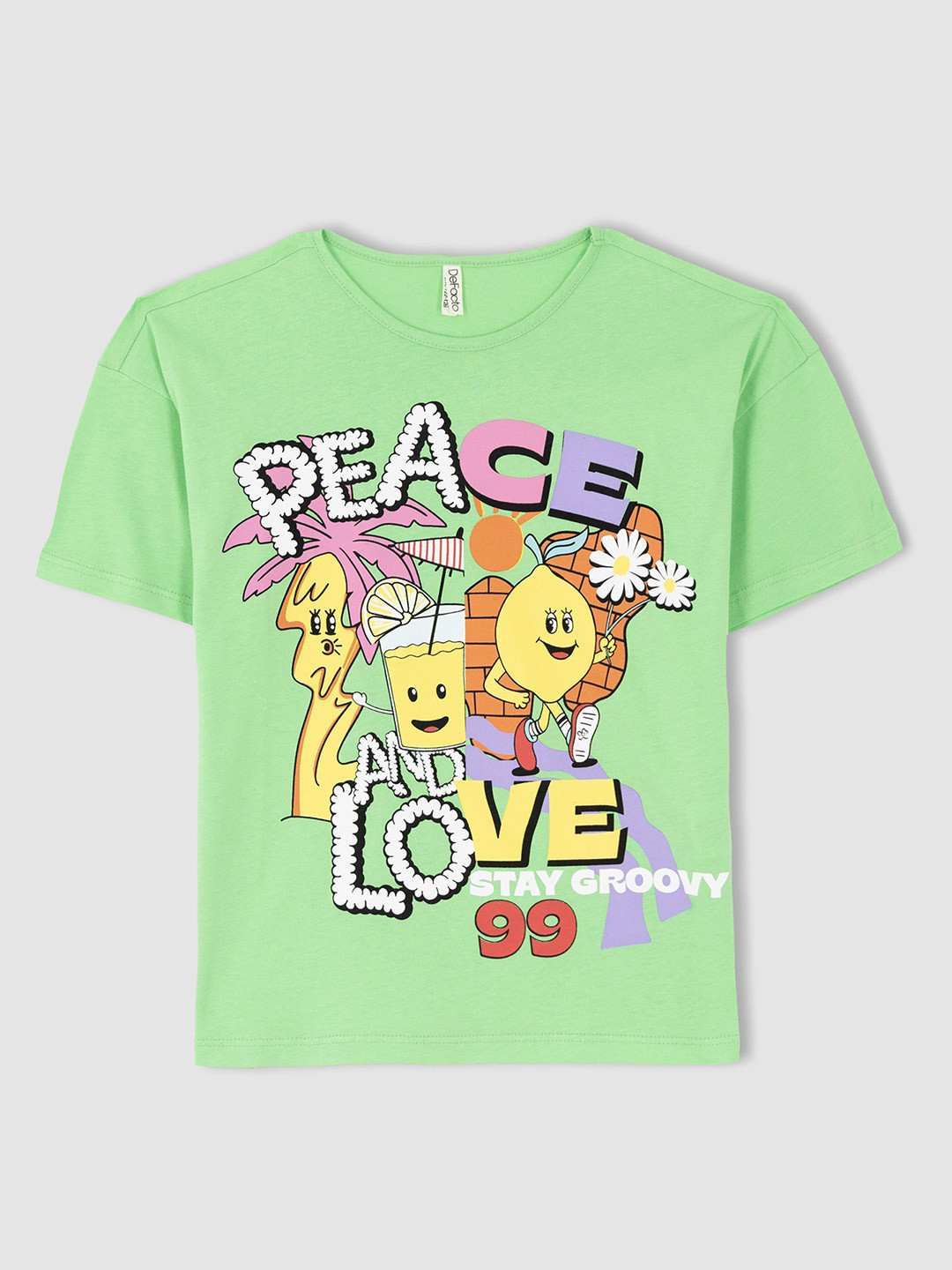 

DeFacto Girls Printed Drop Shoulder Sleeves Pure Cotton Top, Green