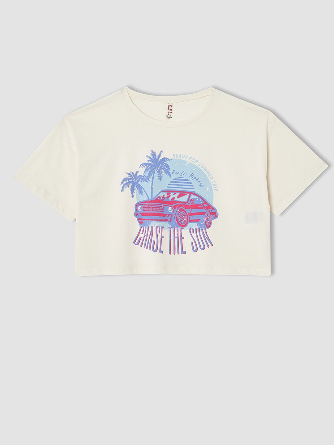 

DeFacto Girls Printed Pure Cotton Boxy Crop Top, Beige