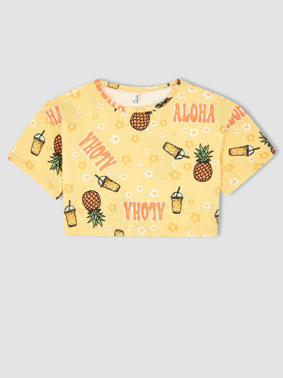 

DeFacto Girls Printed Sleeves Pure Cotton Crop Top, Yellow