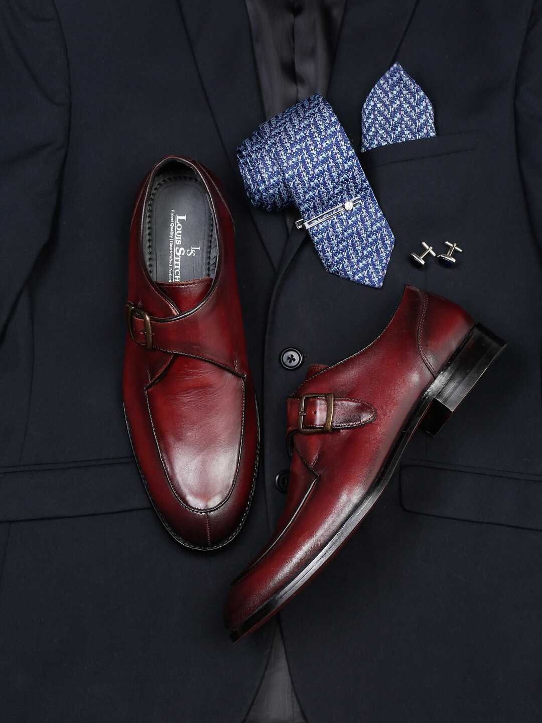 

LOUIS STITCH Men Leather Formal Monk Shoes With Buckle Detail, Red