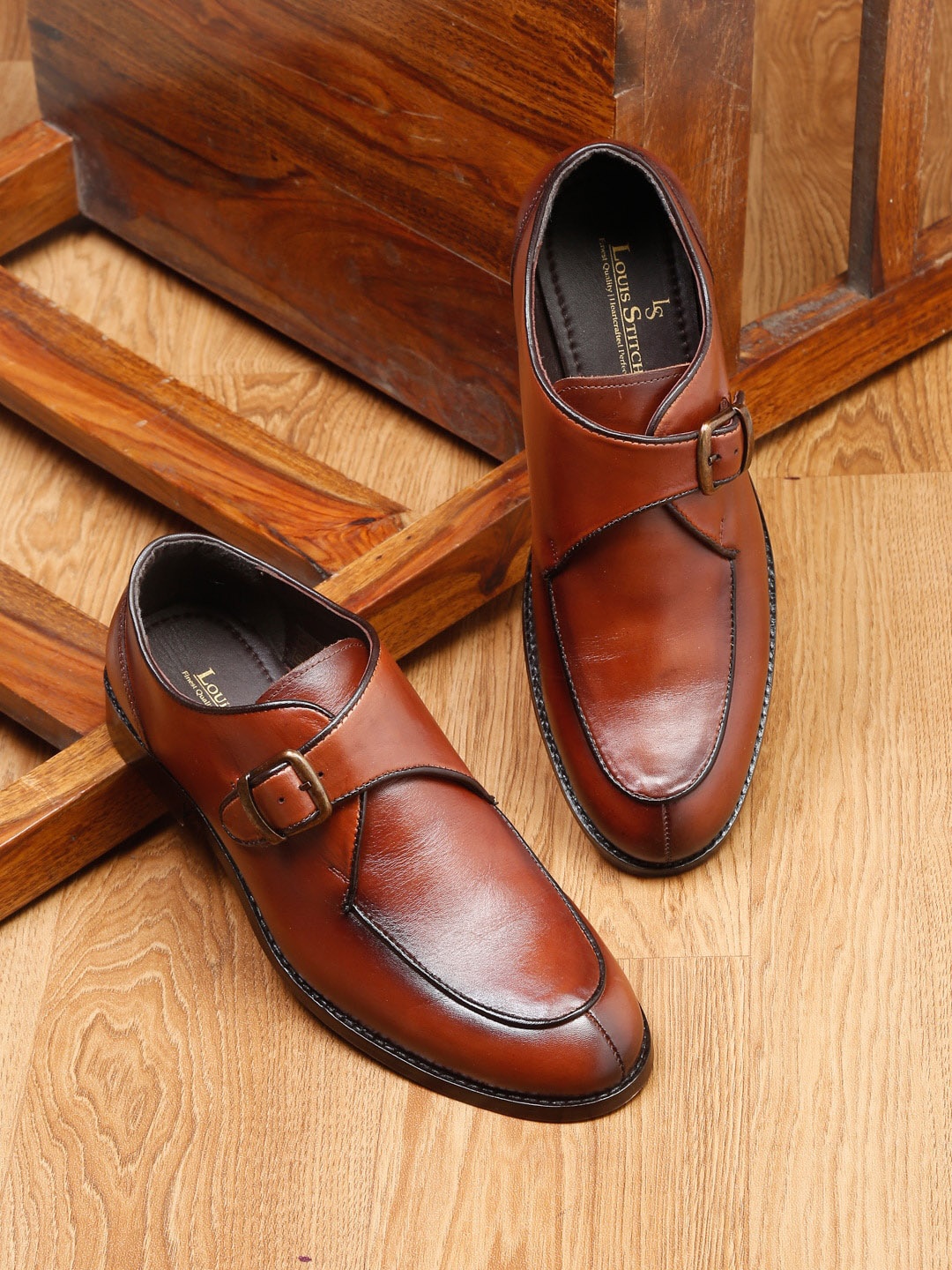 

LOUIS STITCH Men Leather Formal Monk Shoes With Buckle Detail, Brown