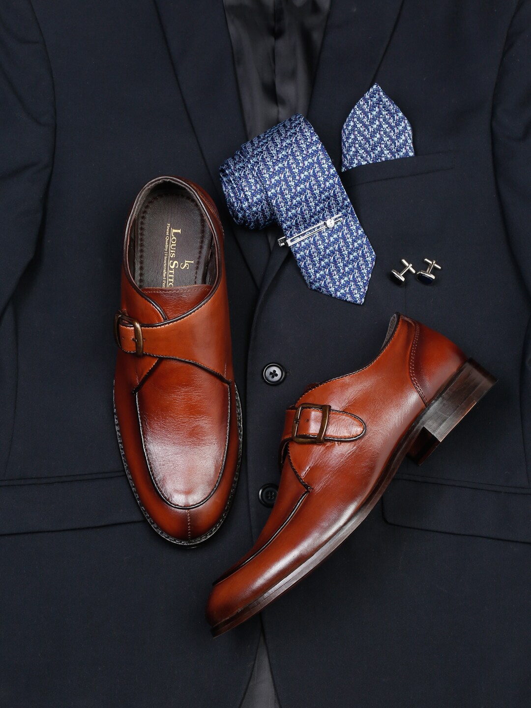 

LOUIS STITCH Men Leather Formal Monk Shoes With Buckle Detail, Tan