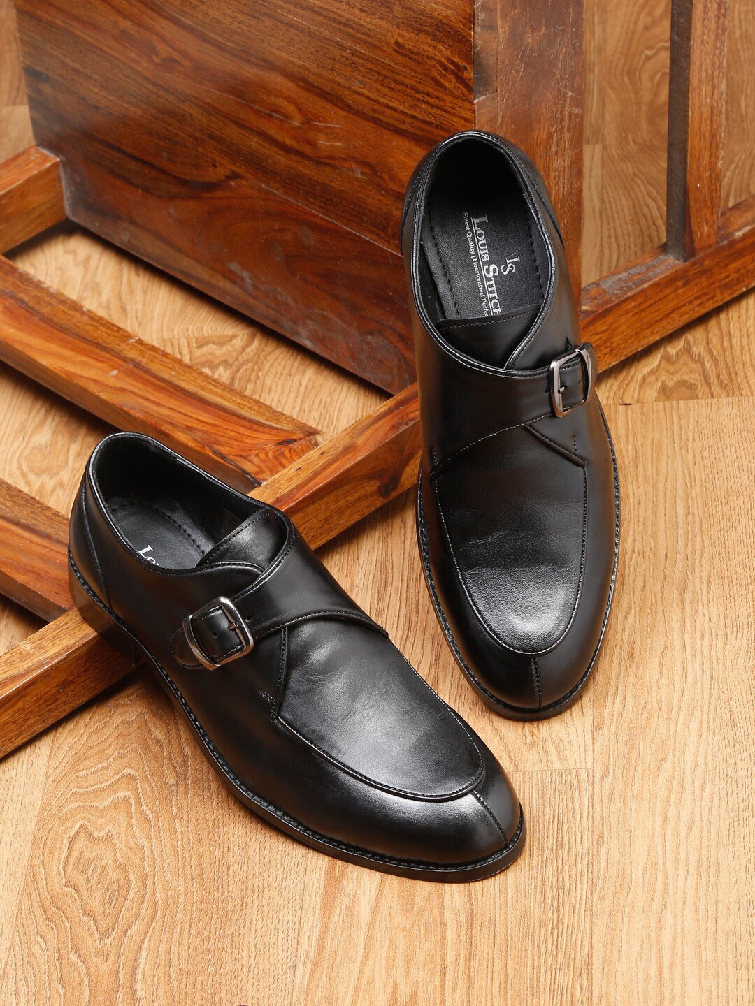 

LOUIS STITCH Men Leather Formal Monk Shoes With Buckle Detail, Black