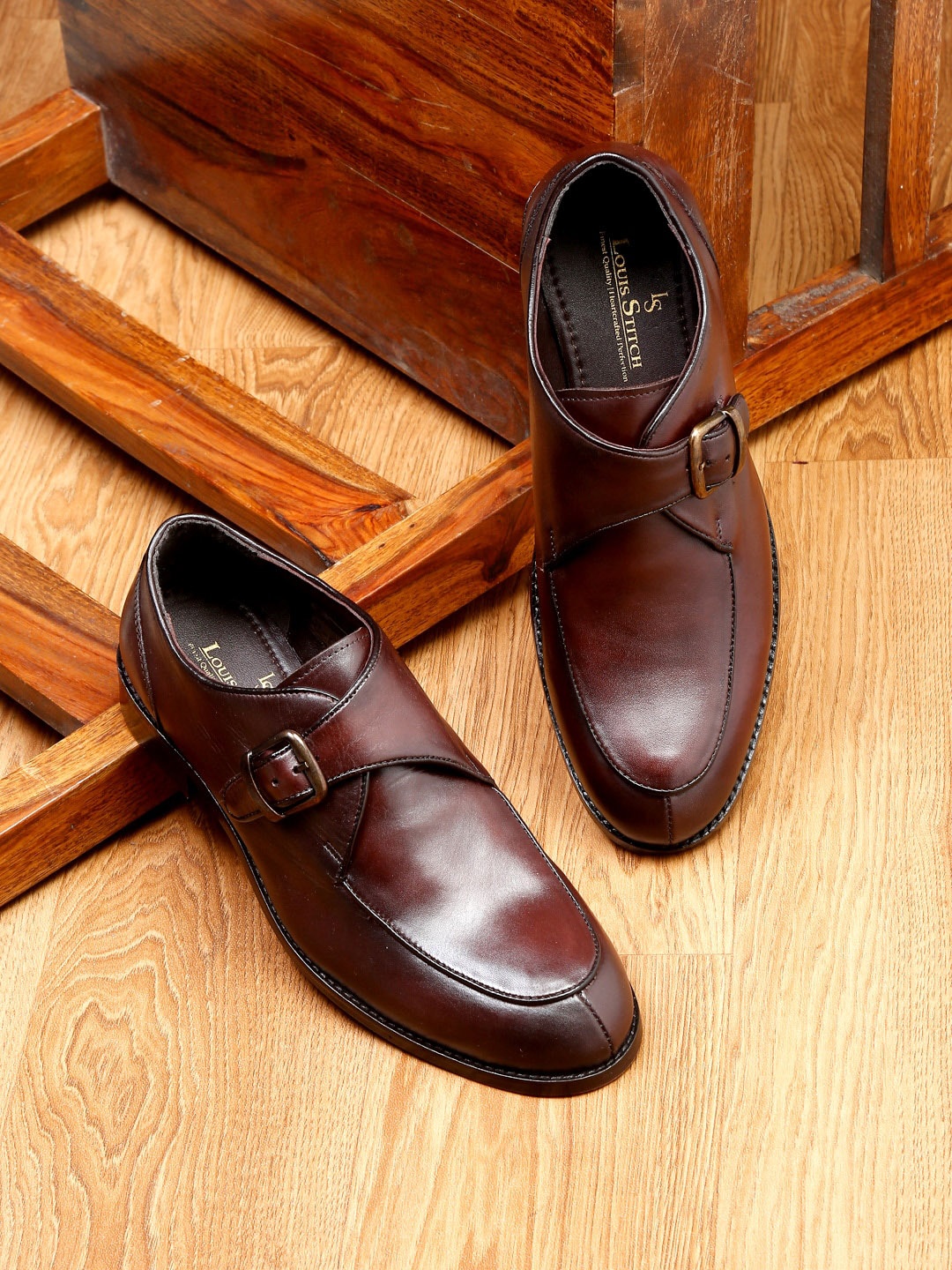 

LOUIS STITCH Men Leather Buckles Formal Monk Shoes, Brown