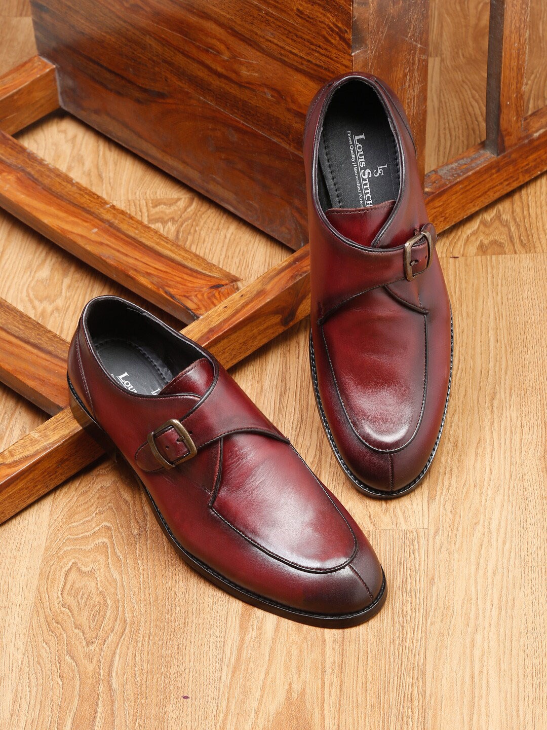 

LOUIS STITCH Men Leather Formal Monk Shoes With Buckle Detail, Maroon