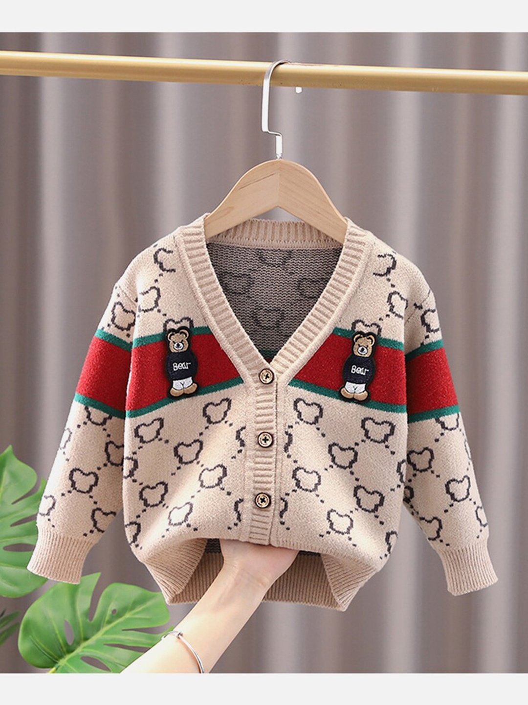 

Little Surprise Box LLP Kids Printed Cardigan Sweater, Beige