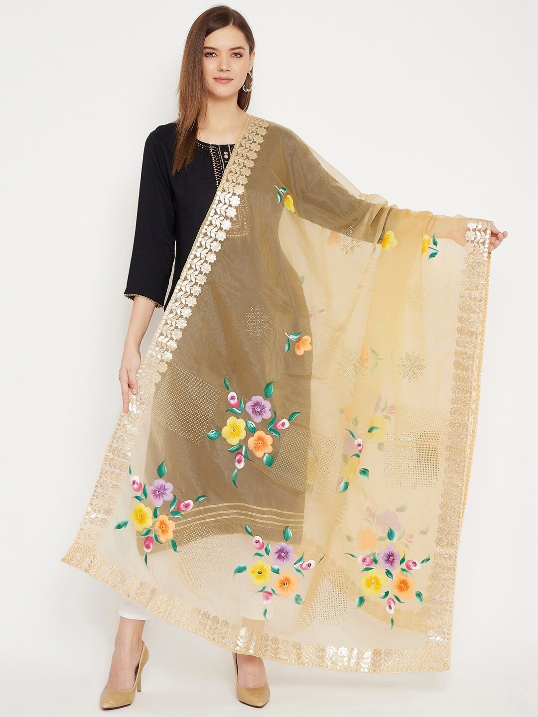 

Clora Creation Floral Printed Organza Dupatta with Gotta Patti, Beige