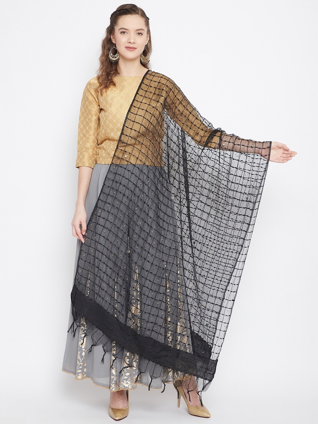 

Clora Creation Checked Organza Dupatta with Sequinned, Black