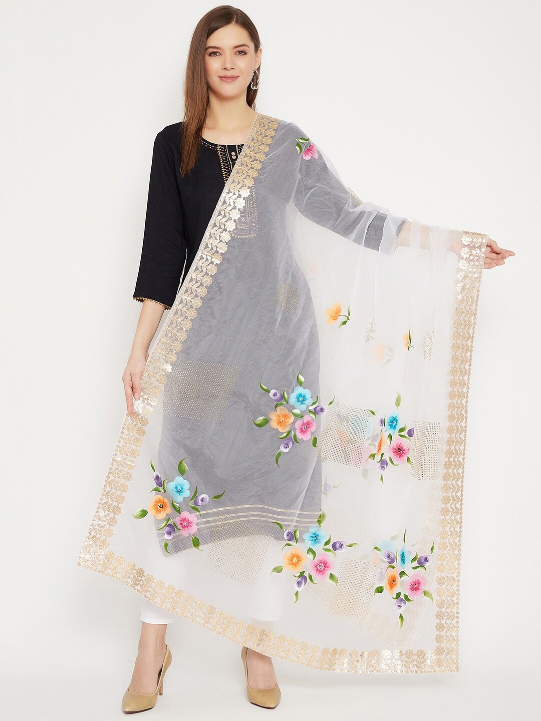 

Clora Creation Printed Organza Dupatta With Gotta Patti, White
