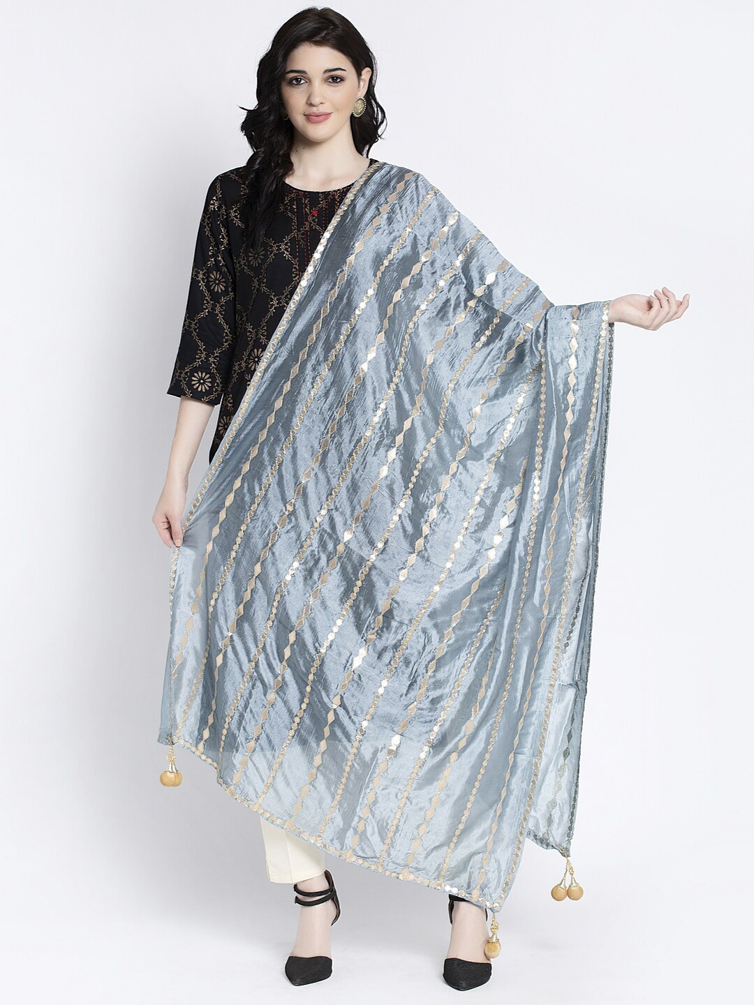

Clora Creation Embroidered Dupatta With Mirror Work, Grey