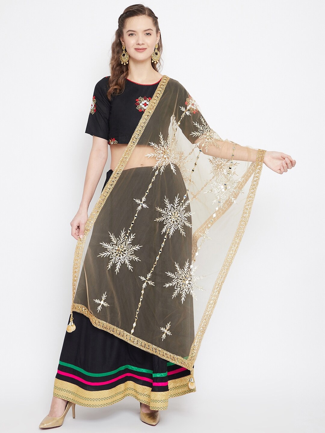 

Clora Creation Floral Embroidered Dupatta with Mirror Work, Gold