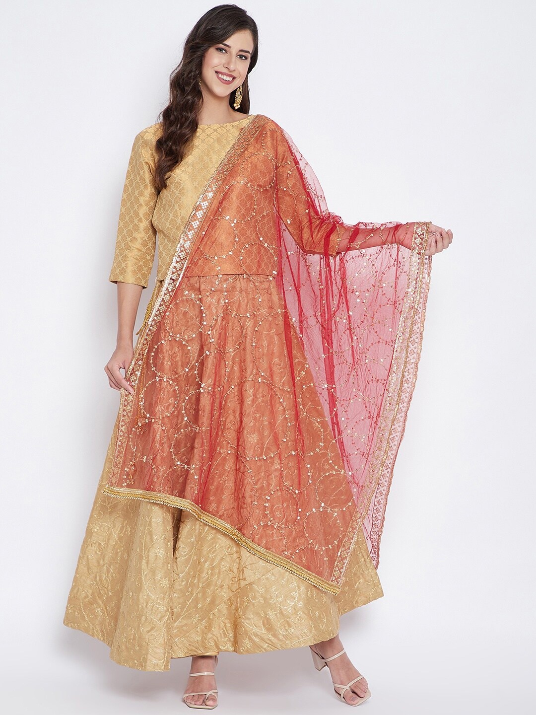 

Clora Creation Embroidered Dupatta With Sequinned, Red
