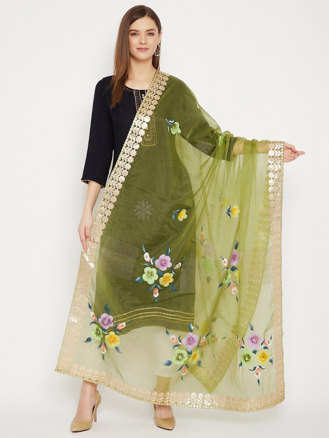 

Clora Creation Florral Printed Organza Dupatta with Gotta Patti, Olive