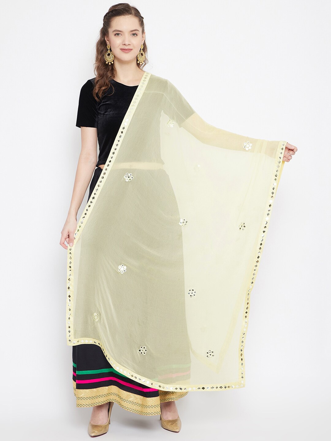 

Clora Creation Ethnic Motifs Embroidered Dupatta with Mirror Work, Cream