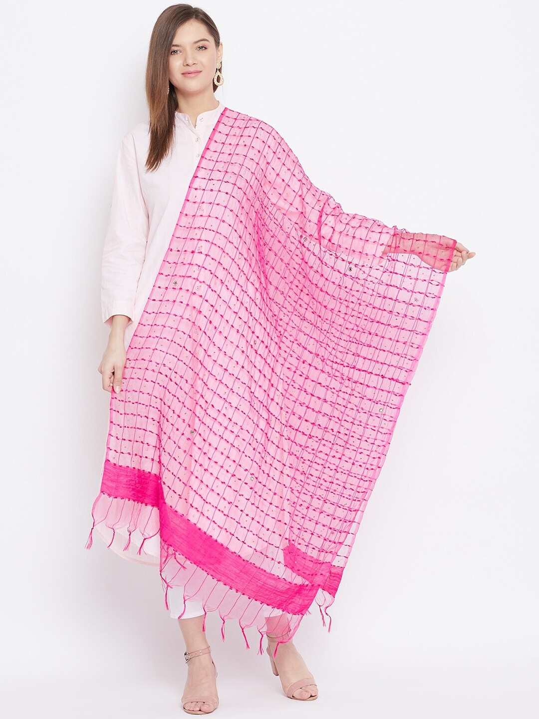 

Clora Creation Checked Organza Dupatta With Sequinned, Magenta
