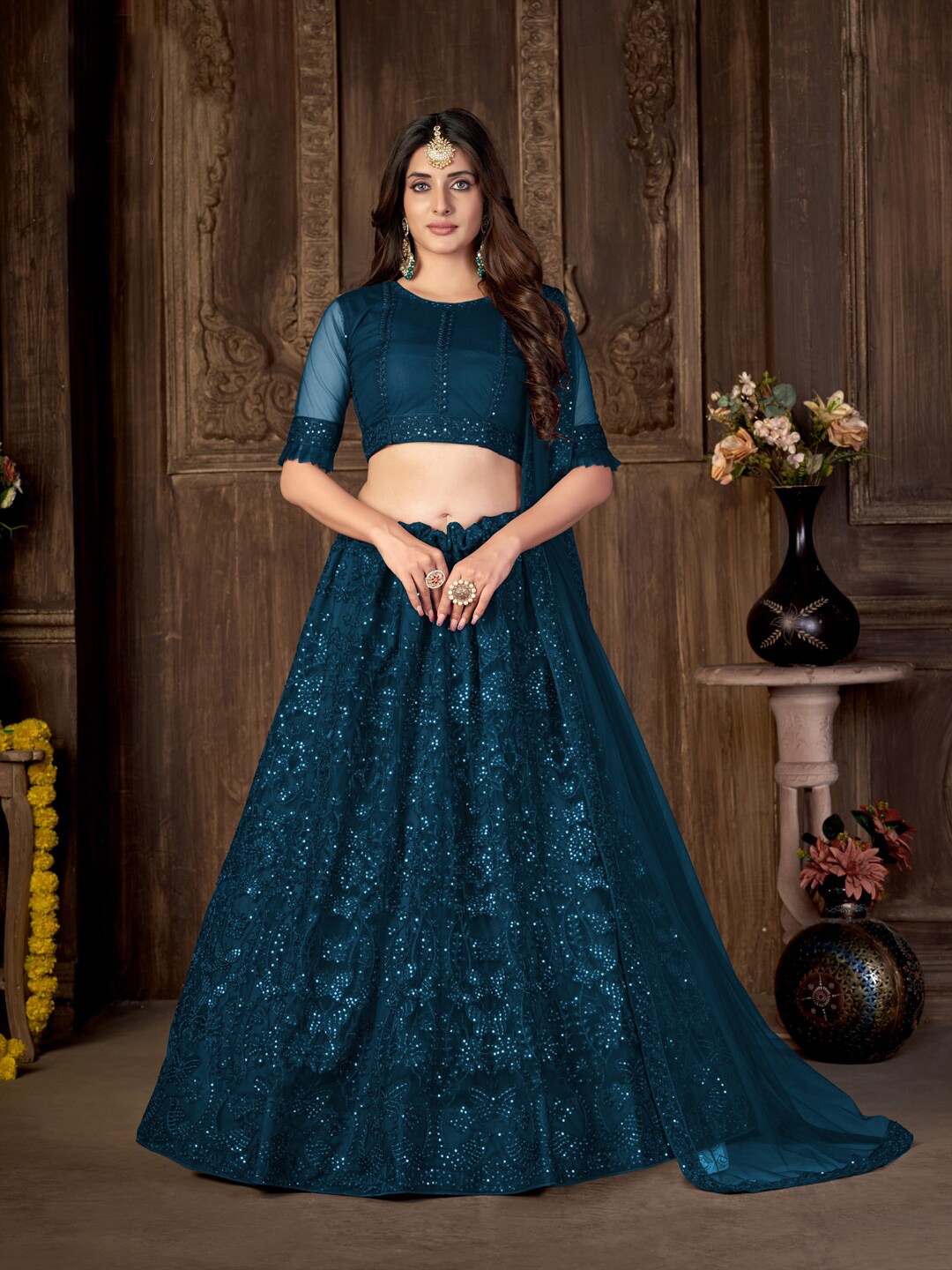 

Kvsfab Embroidered Sequinned Semi-Stitched Lehenga Choli With Dupatta, Teal