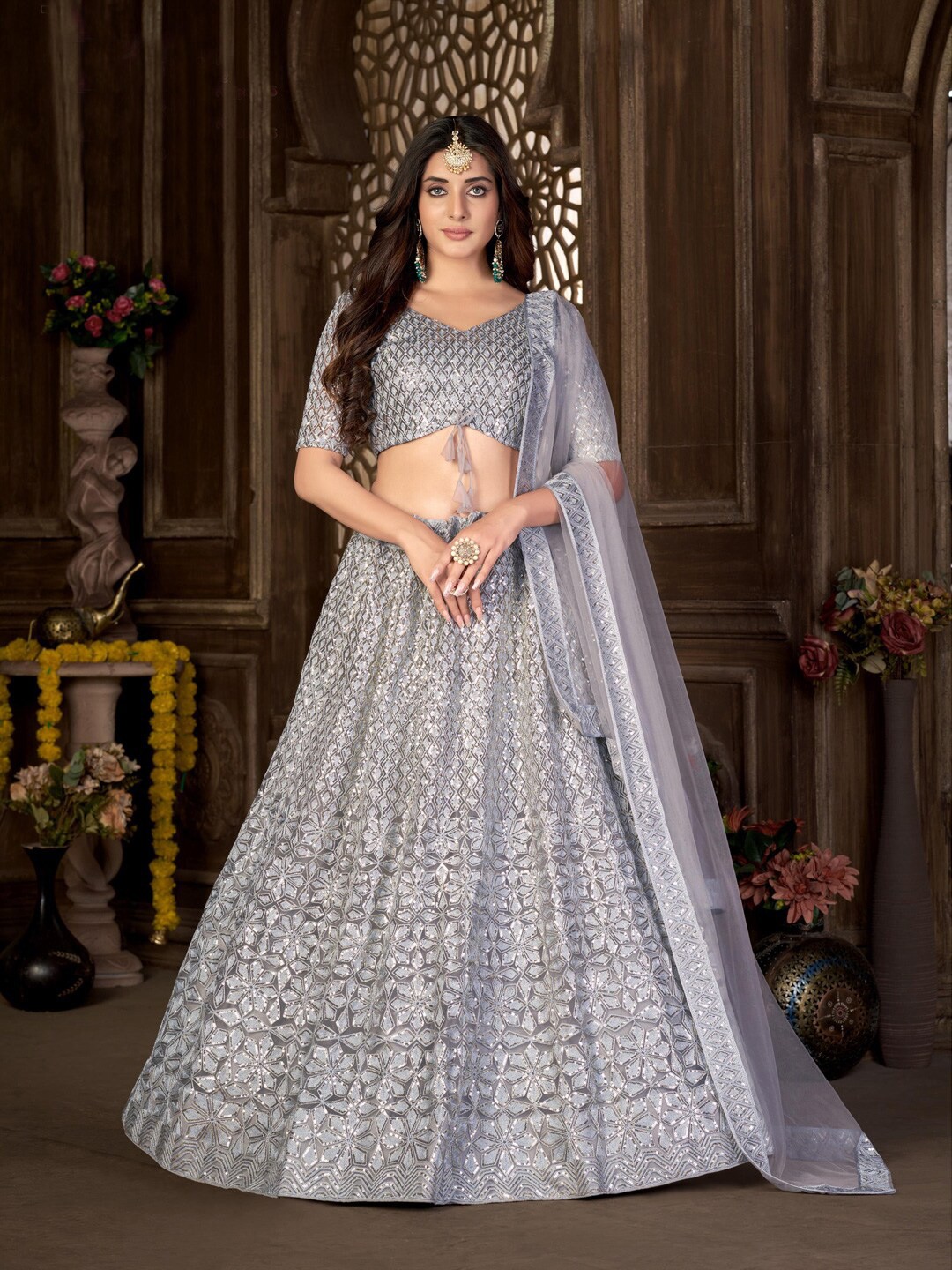 

Kvsfab Embroidered Sequinned Semi-Stitched Lehenga Choli With Dupatta, Grey
