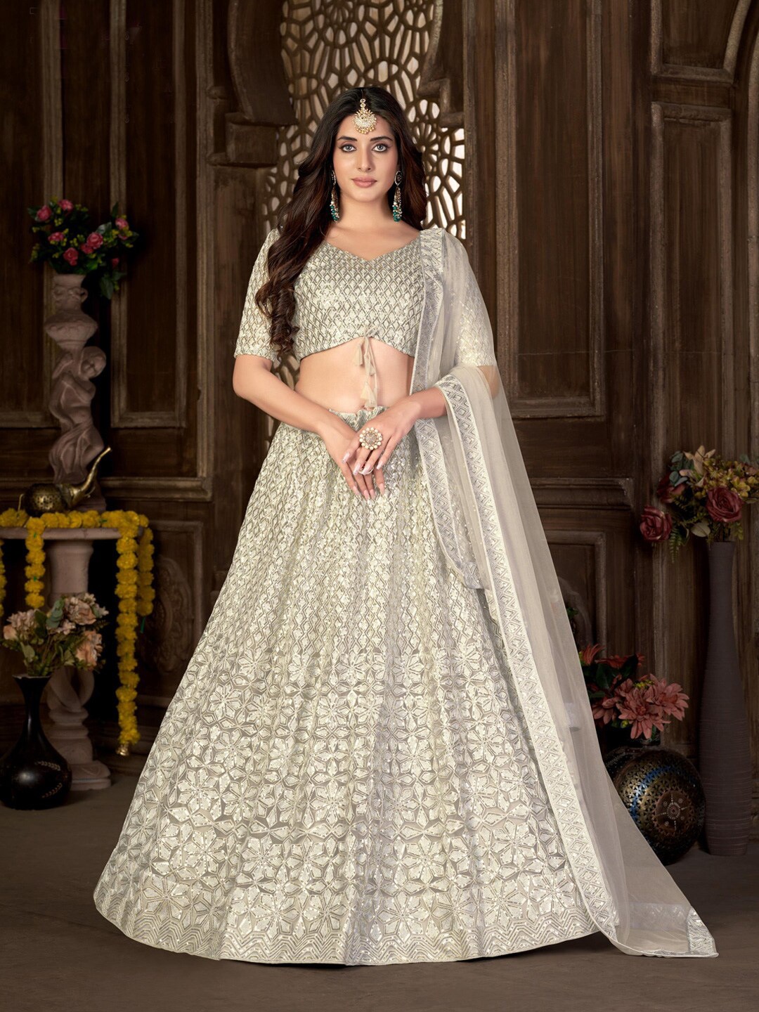 

Kvsfab Embroidered Sequinned Semi-Stitched Lehenga Choli With Dupatta, Beige