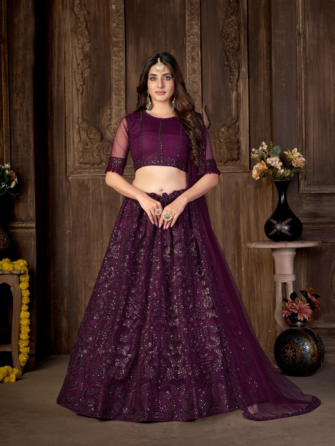 

Kvsfab Embellished Sequinned Semi-Stitched Lehenga Choli With Dupatta, Burgundy