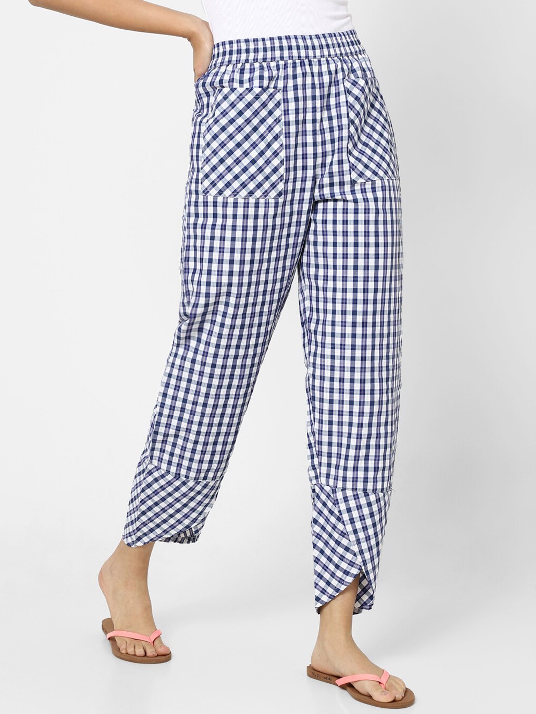 

Mystere Paris Women Checked Cotton Lounge Pants, Navy blue