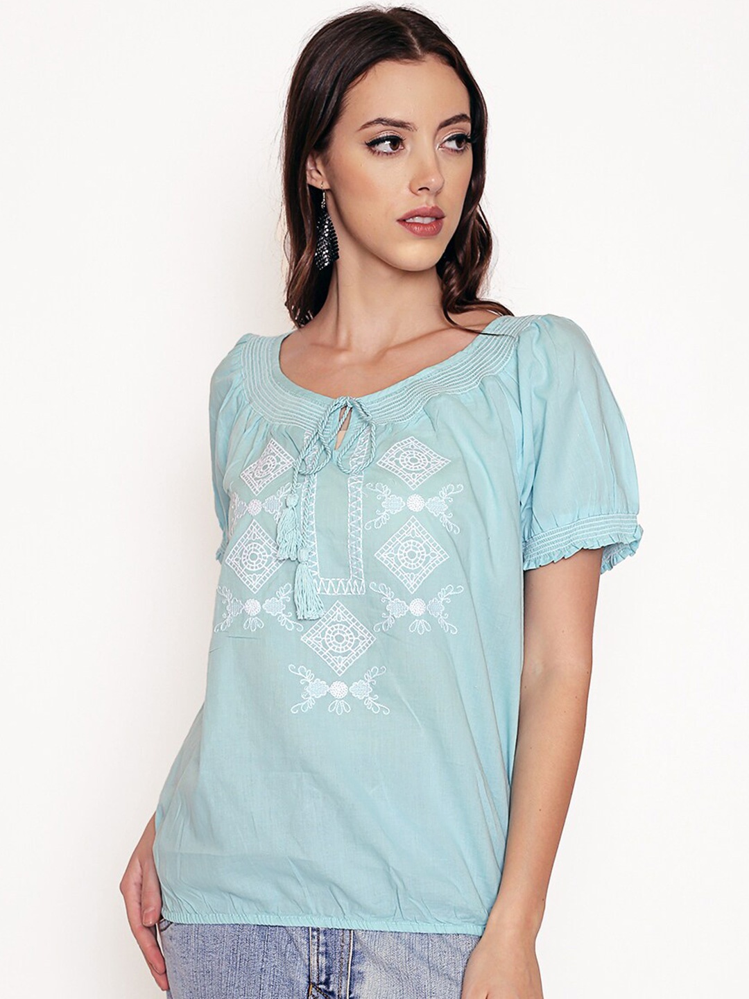 

250 DESIGNS Embroidered Tie-Up Neck Top, Blue