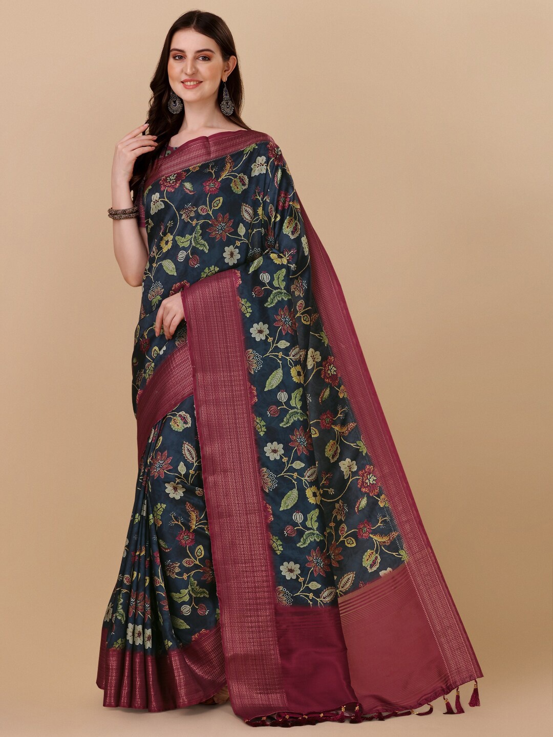 

KALINI Floral Zari Pure Silk Kanjeevaram Saree, Blue