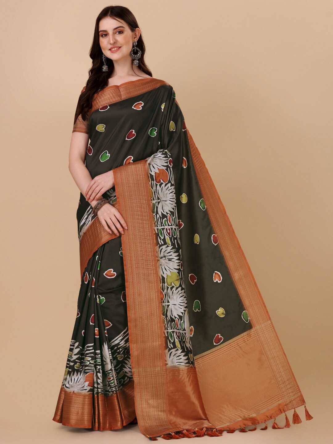 

KALINI Floral Printed Zari Pure Silk Kanjeevaram Saree, Olive