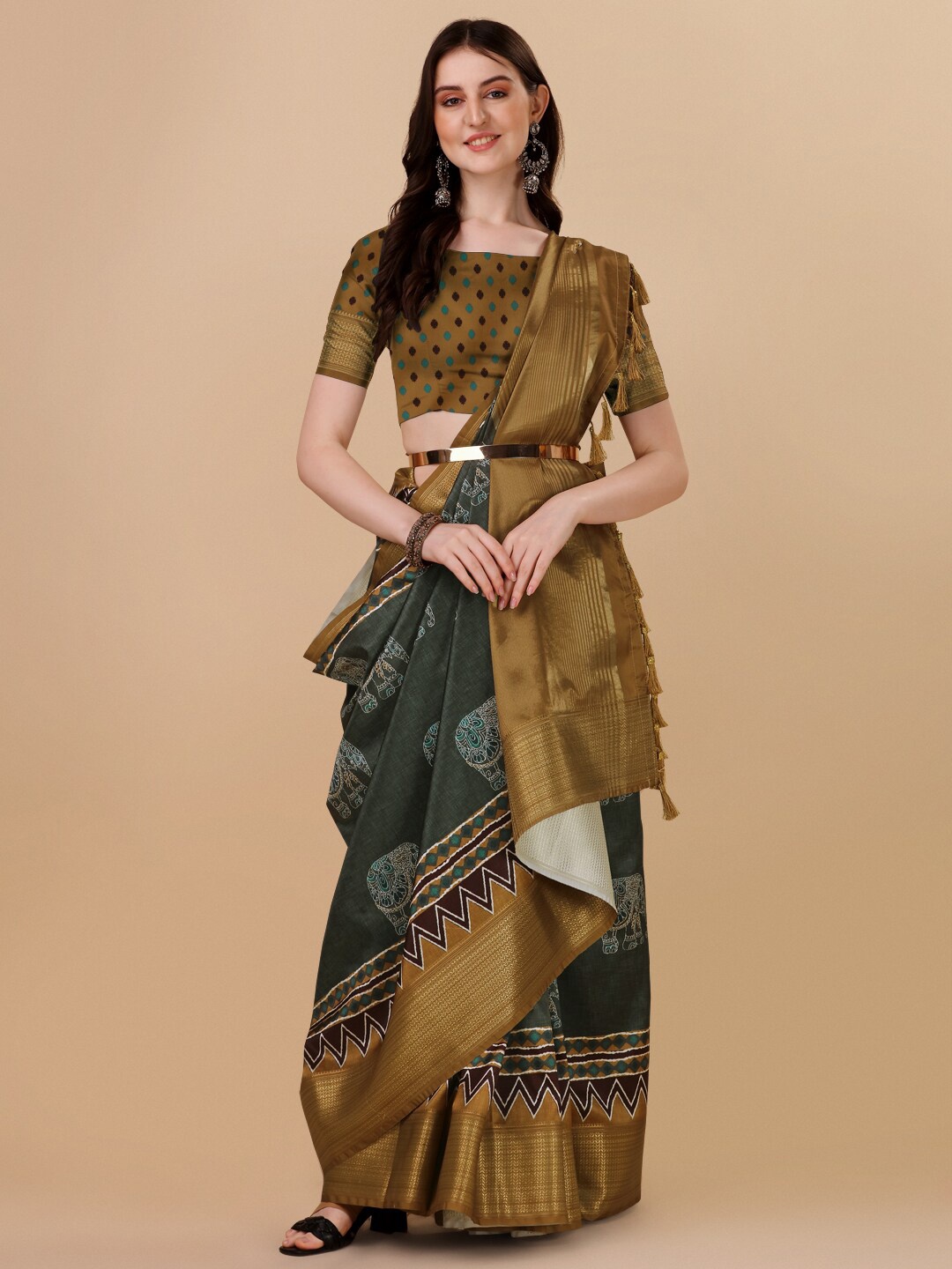 

KALINI Ethnic Motifs Zari Pure Silk Kanjeevaram Saree, Olive