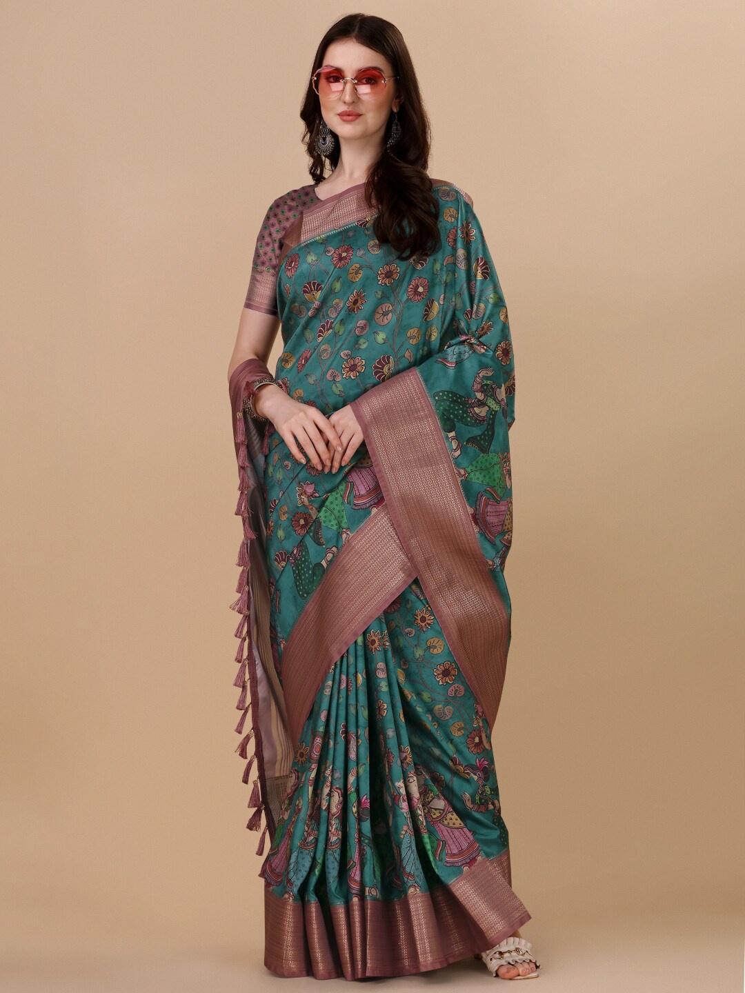 

KALINI Ethnic Motifs Zari Pure Silk Kanjeevaram Saree, Green