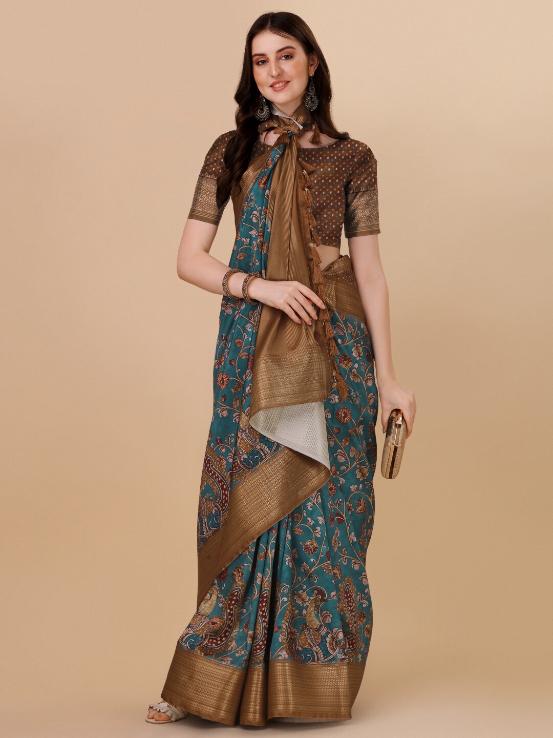 

KALINI Floral Zari Pure Silk Kanjeevaram Saree, Blue