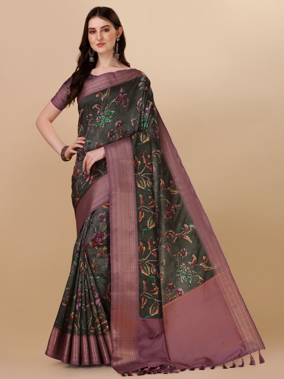 

KALINI Floral Printed Zari Bordered Pure Silk Kanjeevaram Saree, Green