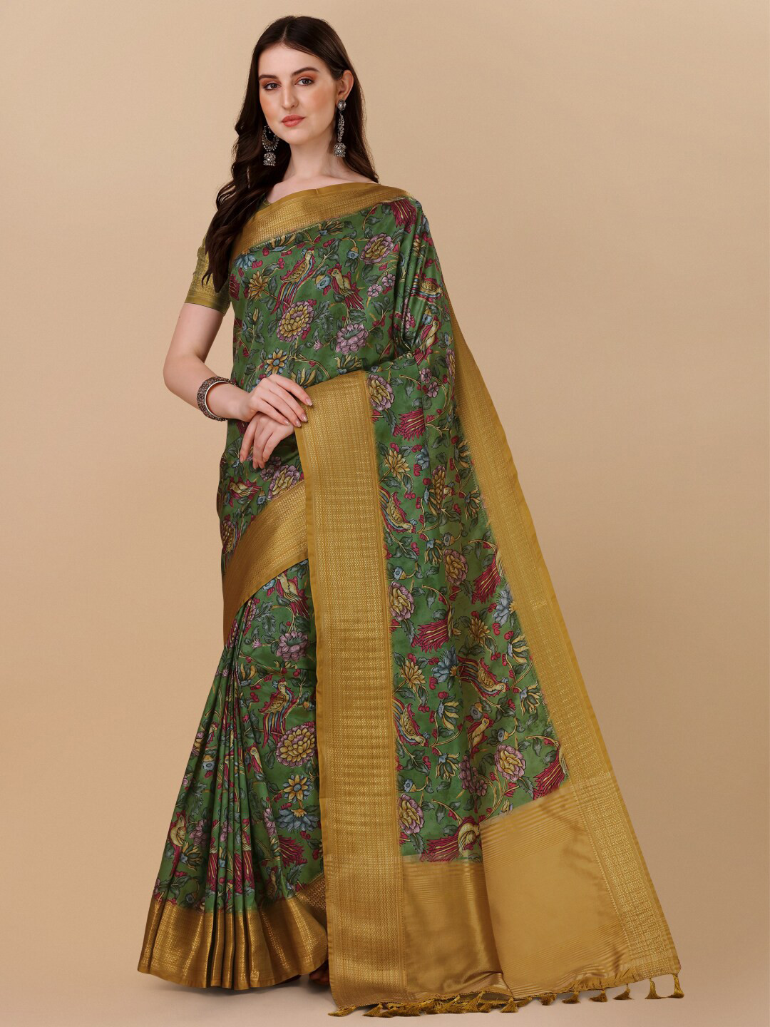 

KALINI Floral Zari Pure Silk Kanjeevaram Saree, Green