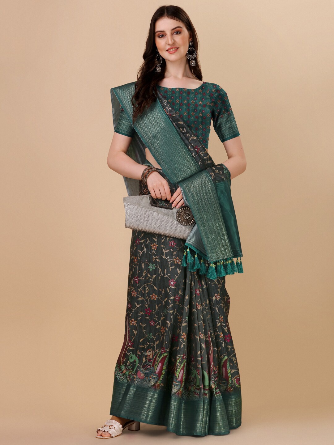 

KALINI Ethnic Motifs Zari Kanjeevaram Pure Silk Saree, Green