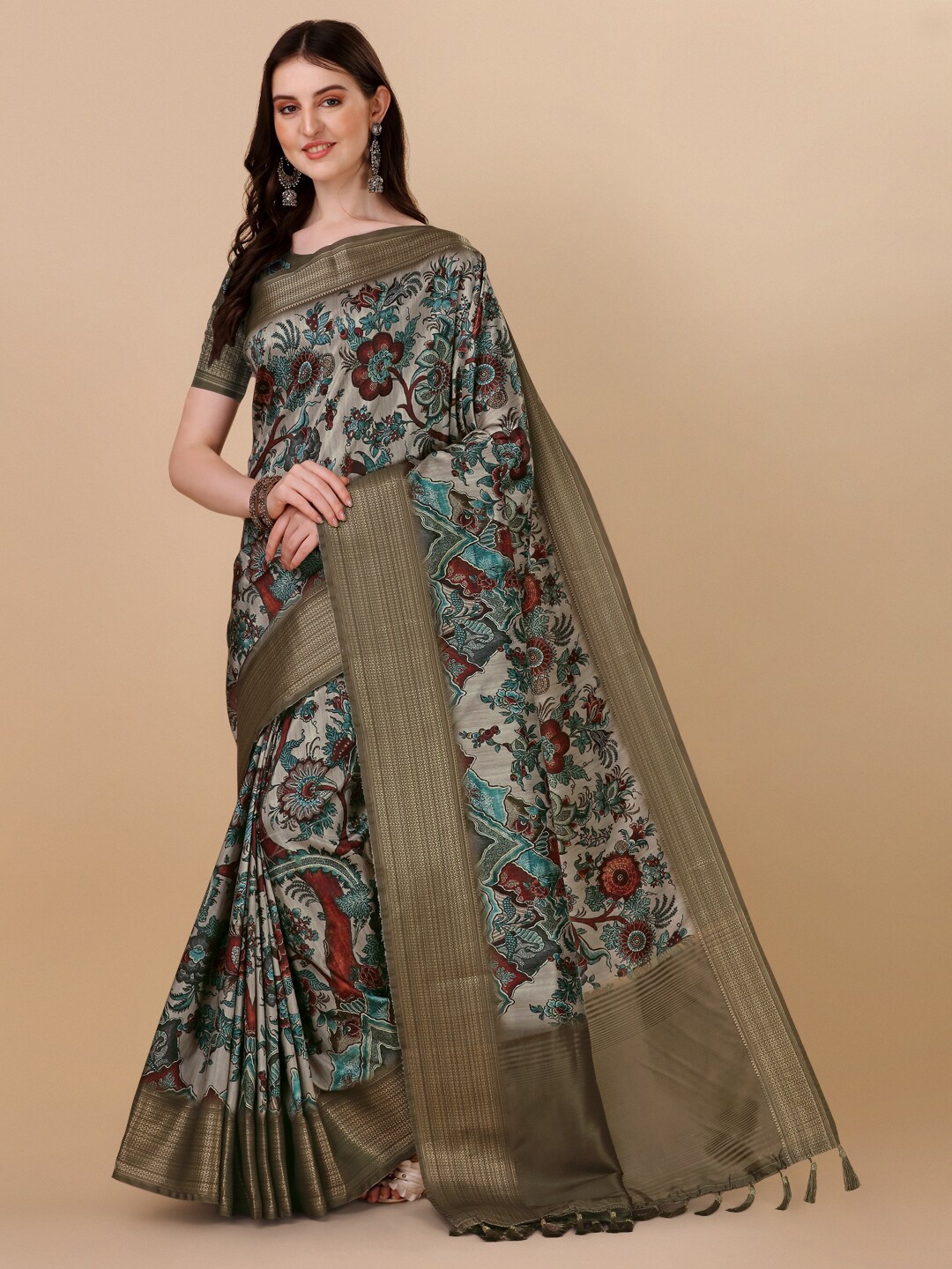 

KALINI Ethnic Motifs Zari Pure Silk Kanjeevaram Saree, Grey