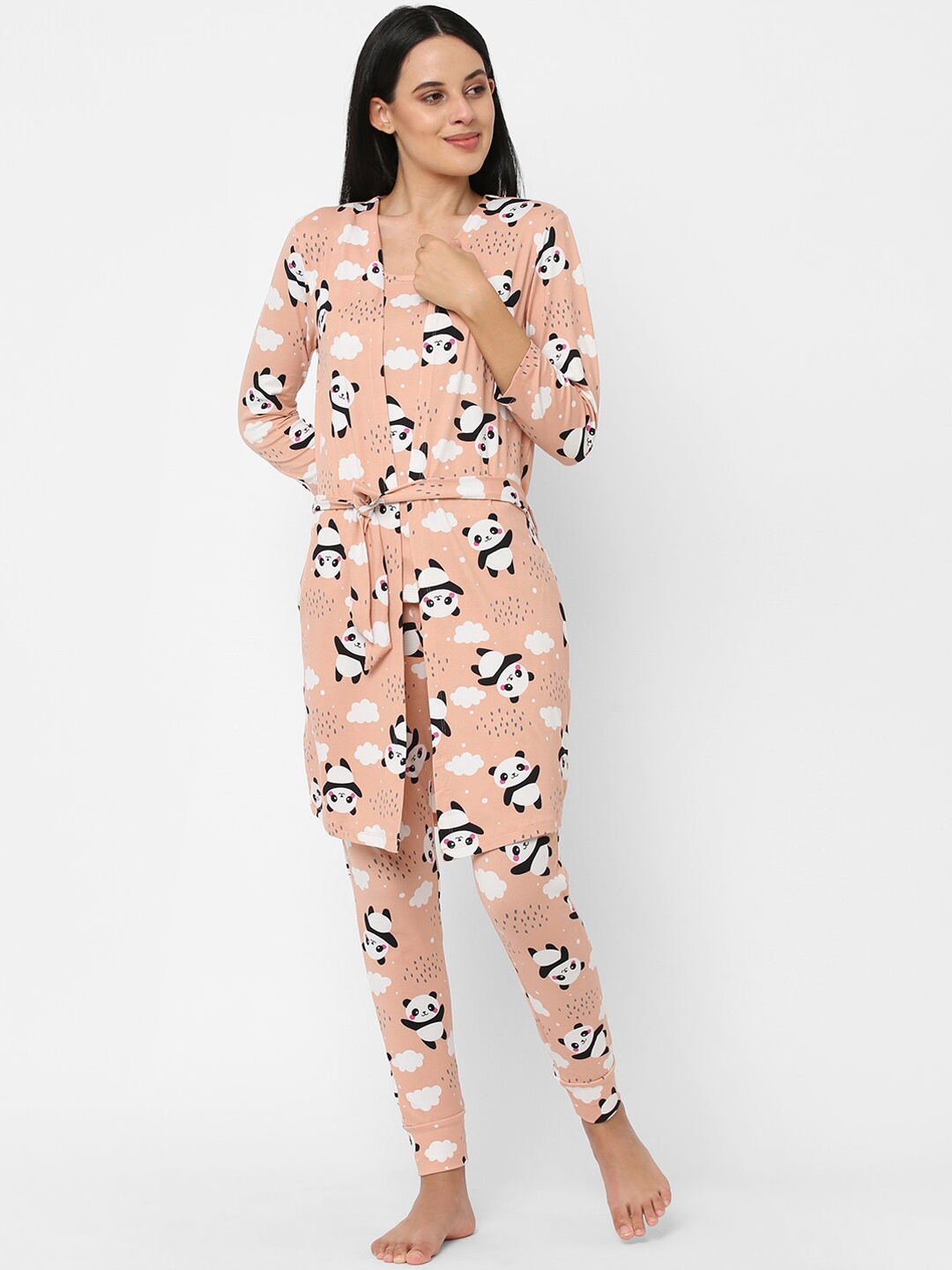 

Sweet Dreams Women 3 Piece Printed Night suit, Peach