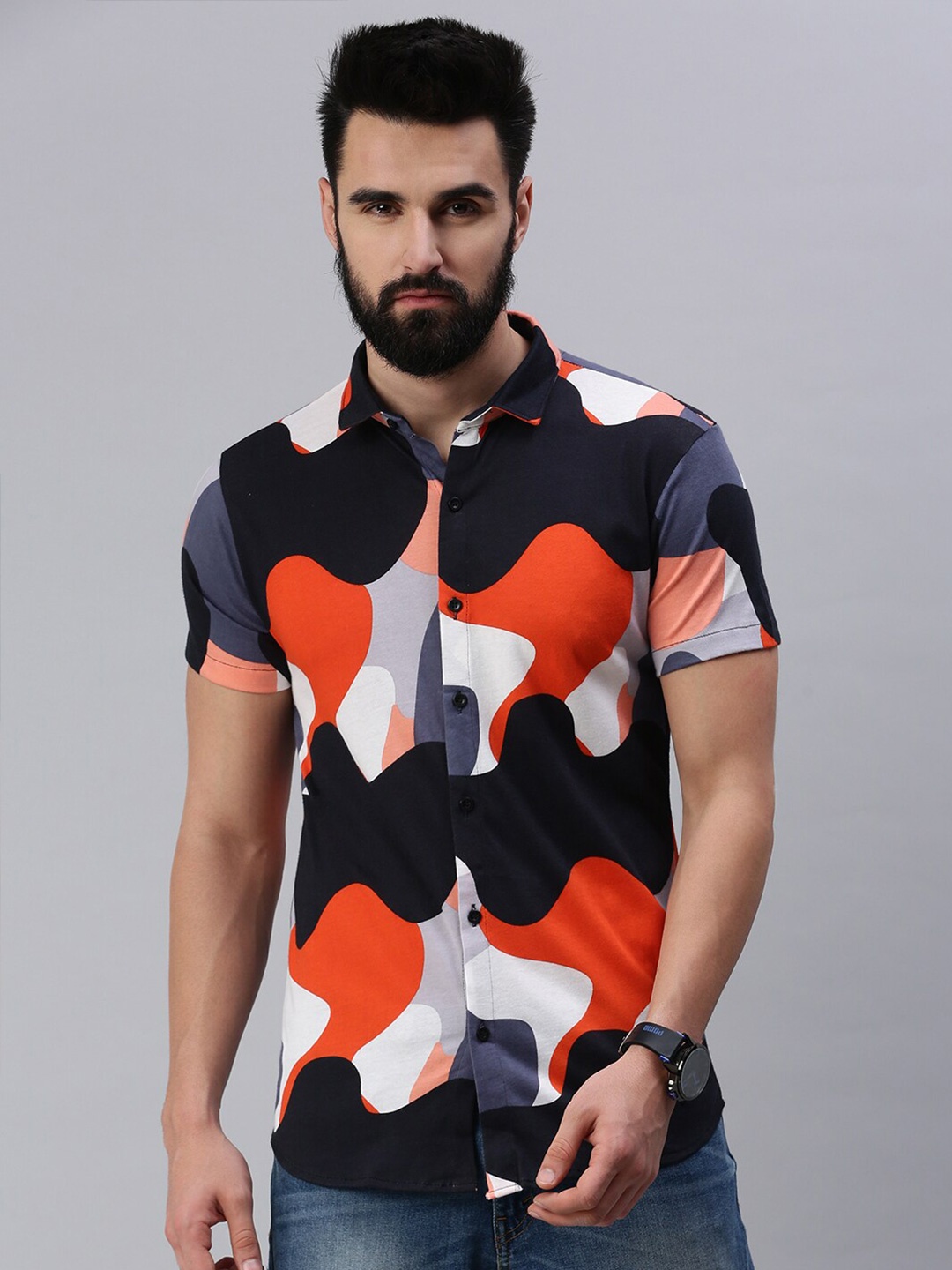 

Rodzen Men Orange Standard Slim Fit Colourblocked Casual Cotton Shirt