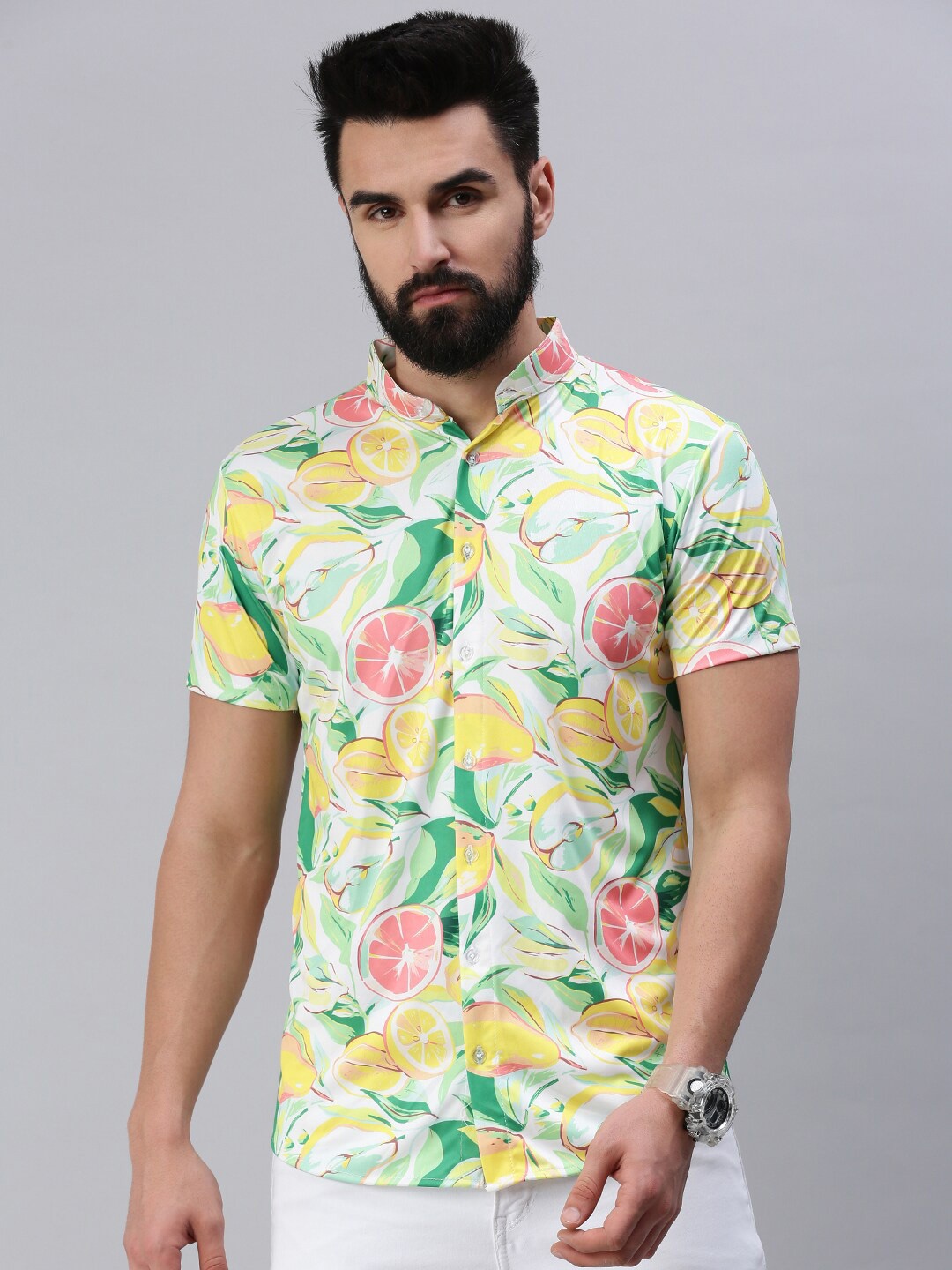 

Rodzen Men Standard Slim Fit Printed Casual Cotton Shirt, Green
