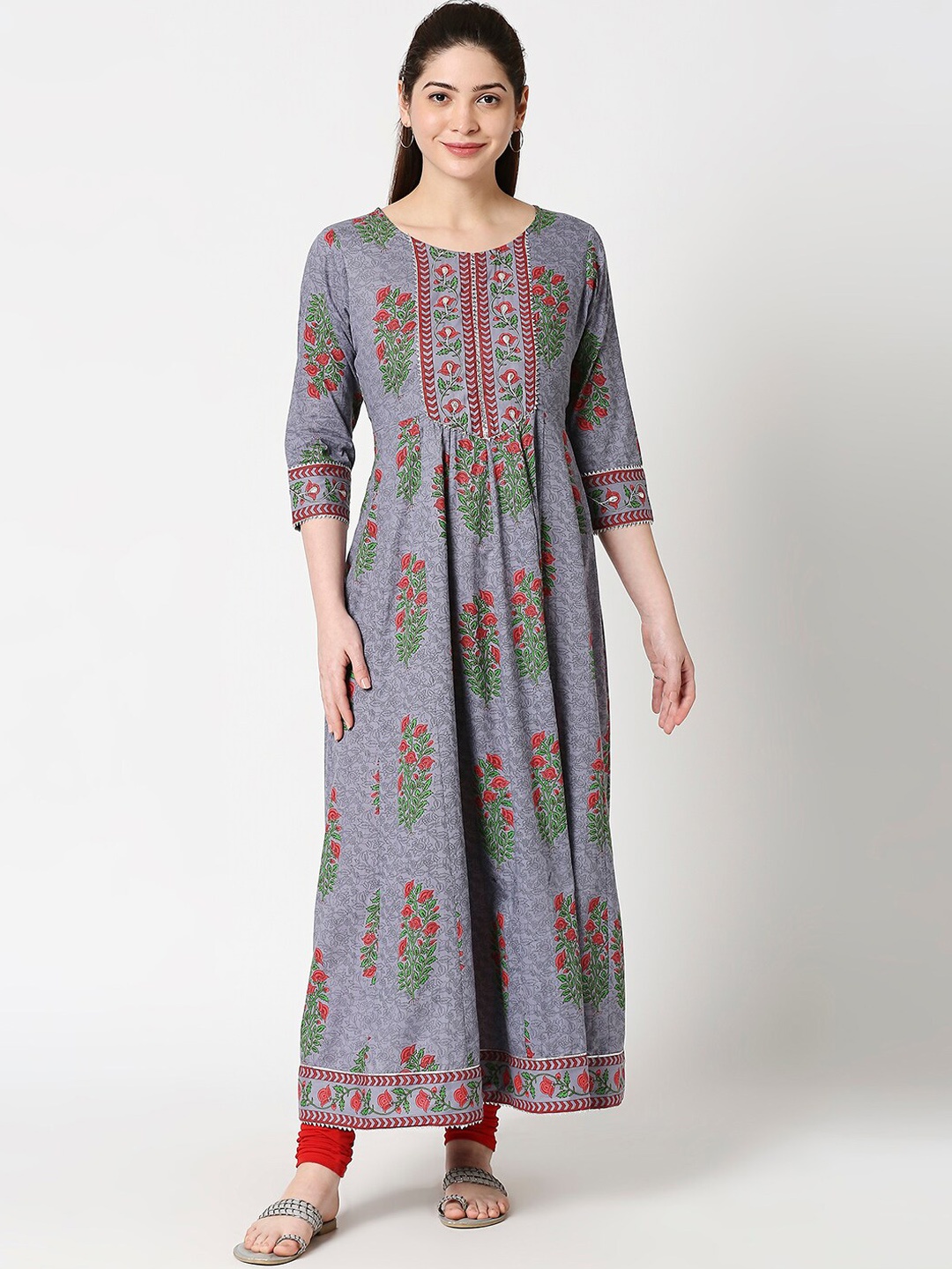 

ZRI Women Floral Printed Anarkali Kurta, Grey