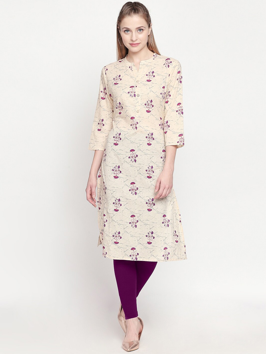 

ZRI Floral Printed Cotton Kurta, Beige