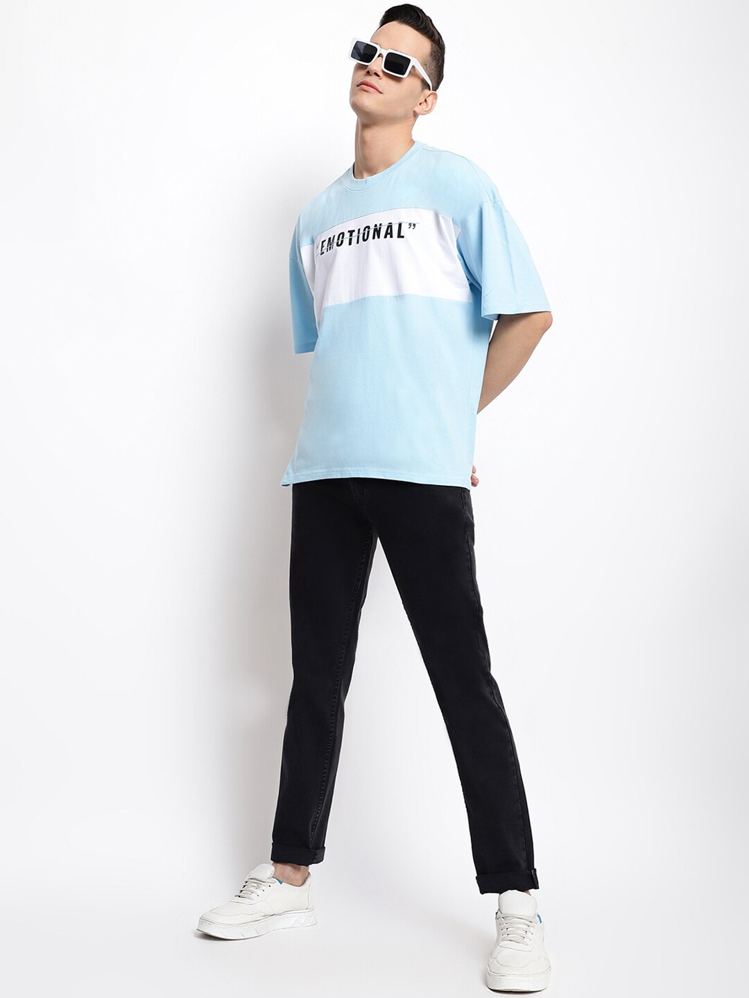 

Belliskey Men Colourblocked Drop-Shoulder Sleeves Cotton T-shirt, Blue