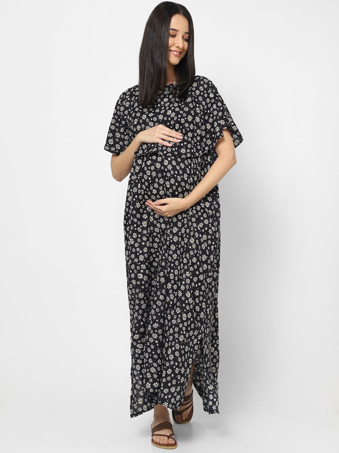 

Mystere Paris Floral Printed Maternity Maxi Dress, Black