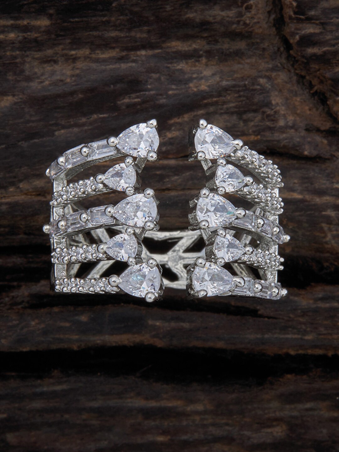 

Kushal's Fashion Jewellery Rhodium-Plated CZ-Studded Adjustable Finger Ring, Silver