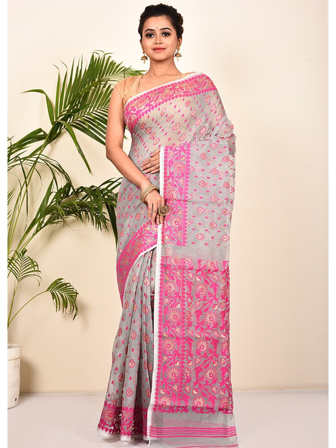 

AllSilks Woven Design Zari Pure Cotton Taant Saree, Grey