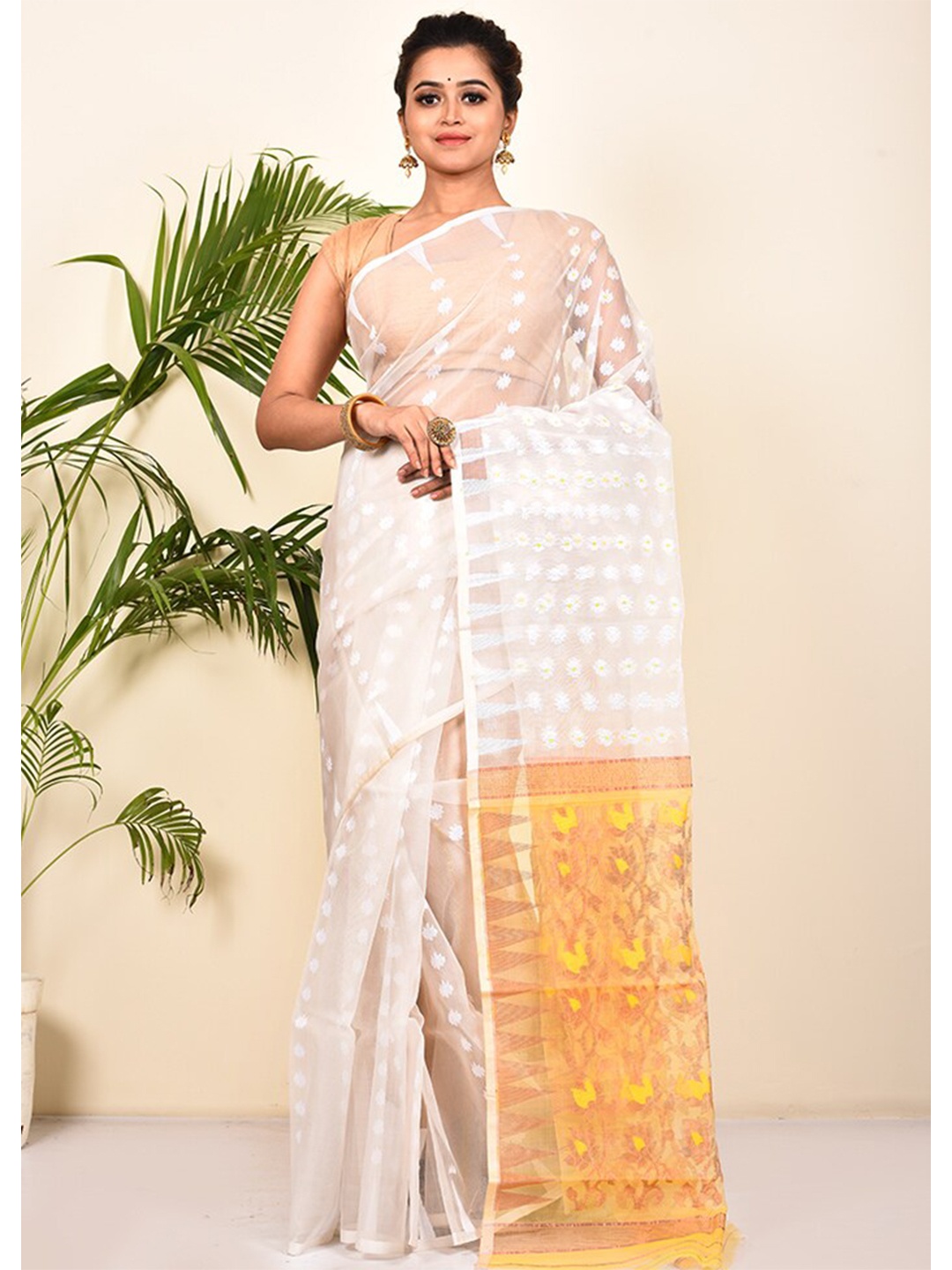 

AllSilks Woven Design Pure Cotton Taant Saree, White