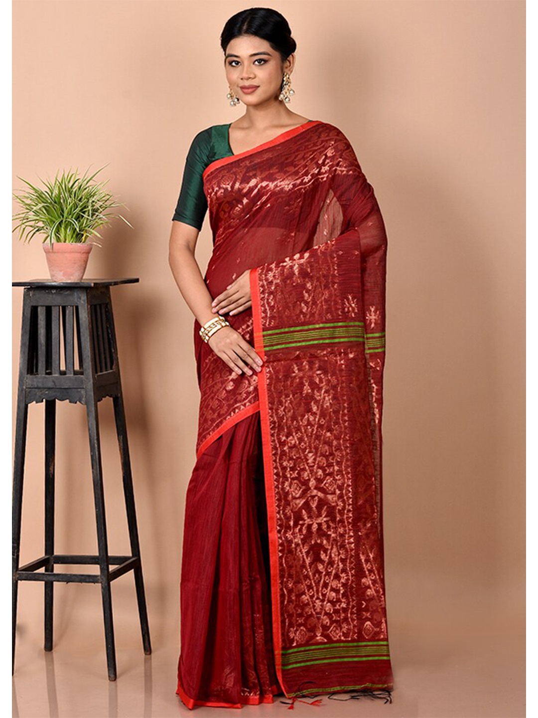 

AllSilks Ethnic Motifs Zari Silk Blend Saree, Red